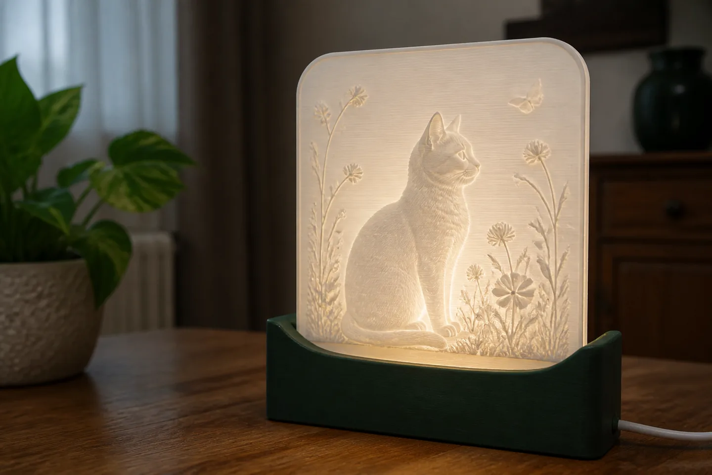 Detail des leuchtenden Tiermotivs und des 3D-gedruckten Lampensockels