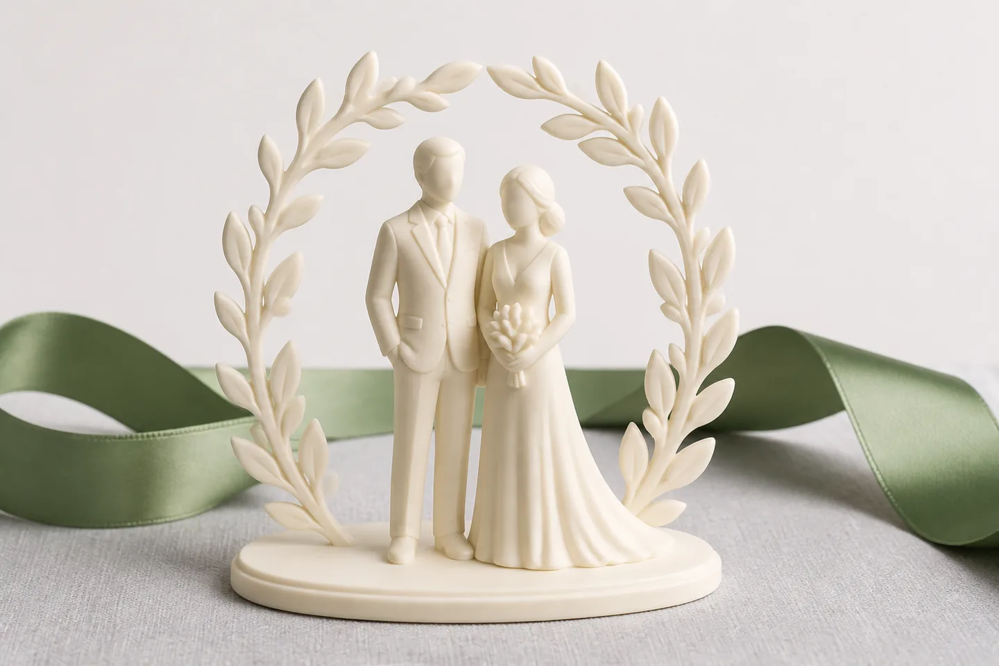 Detail einer fein gedruckten Hochzeitsfigur mit botanischem Bogen