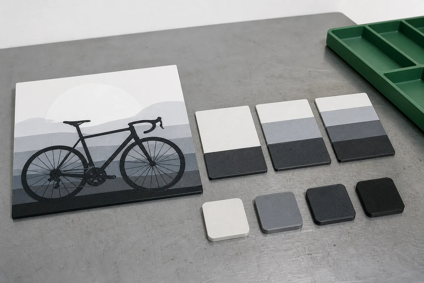 3D-Farbbild mit Farbmustern und gedruckten Testplatten