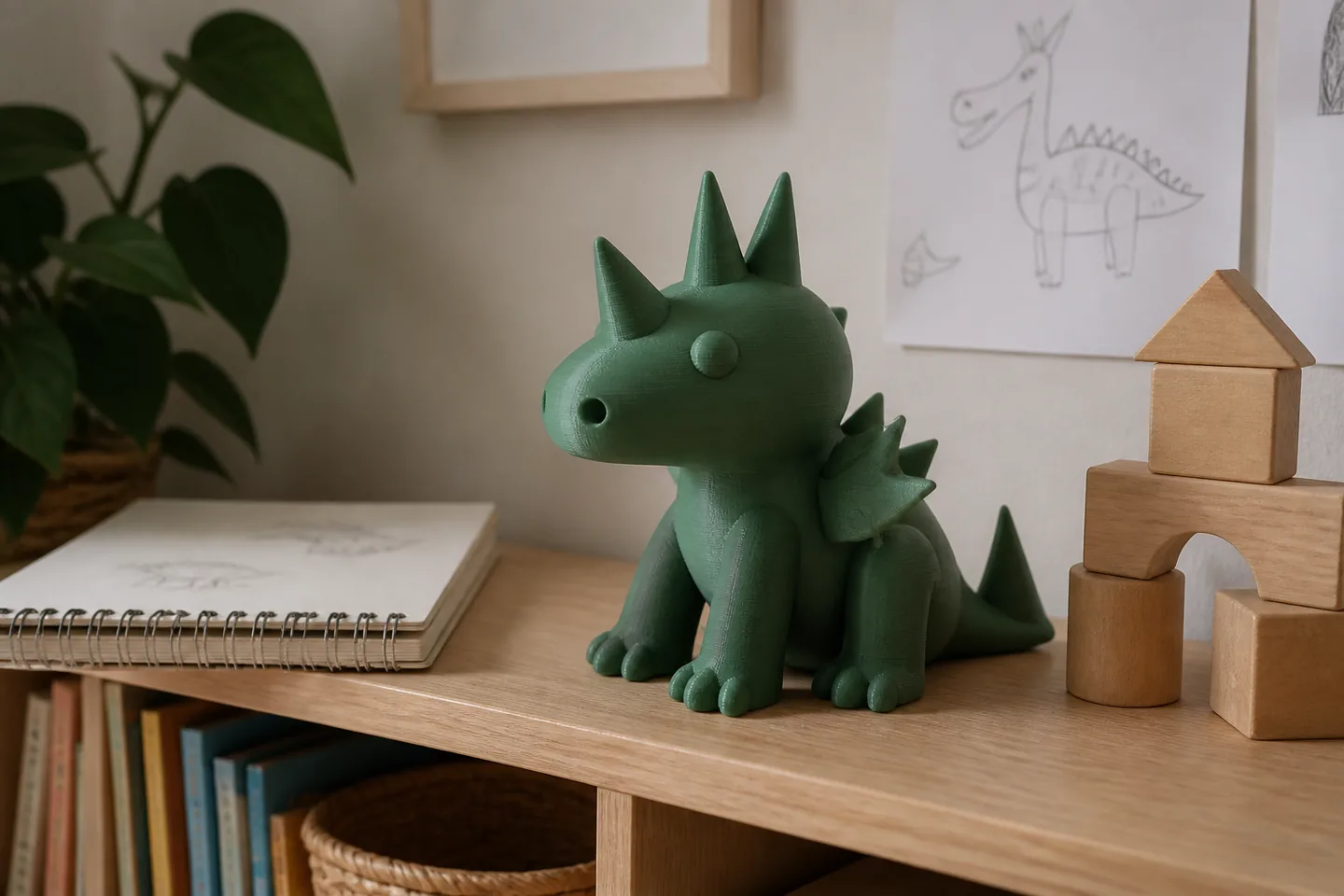 3D-Figur nach Kinderzeichnung auf einem Bücherregal