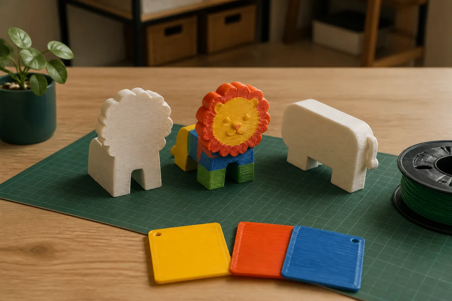 Fertige Kinderfigur mit gedruckten Formstudien und Farbmustern