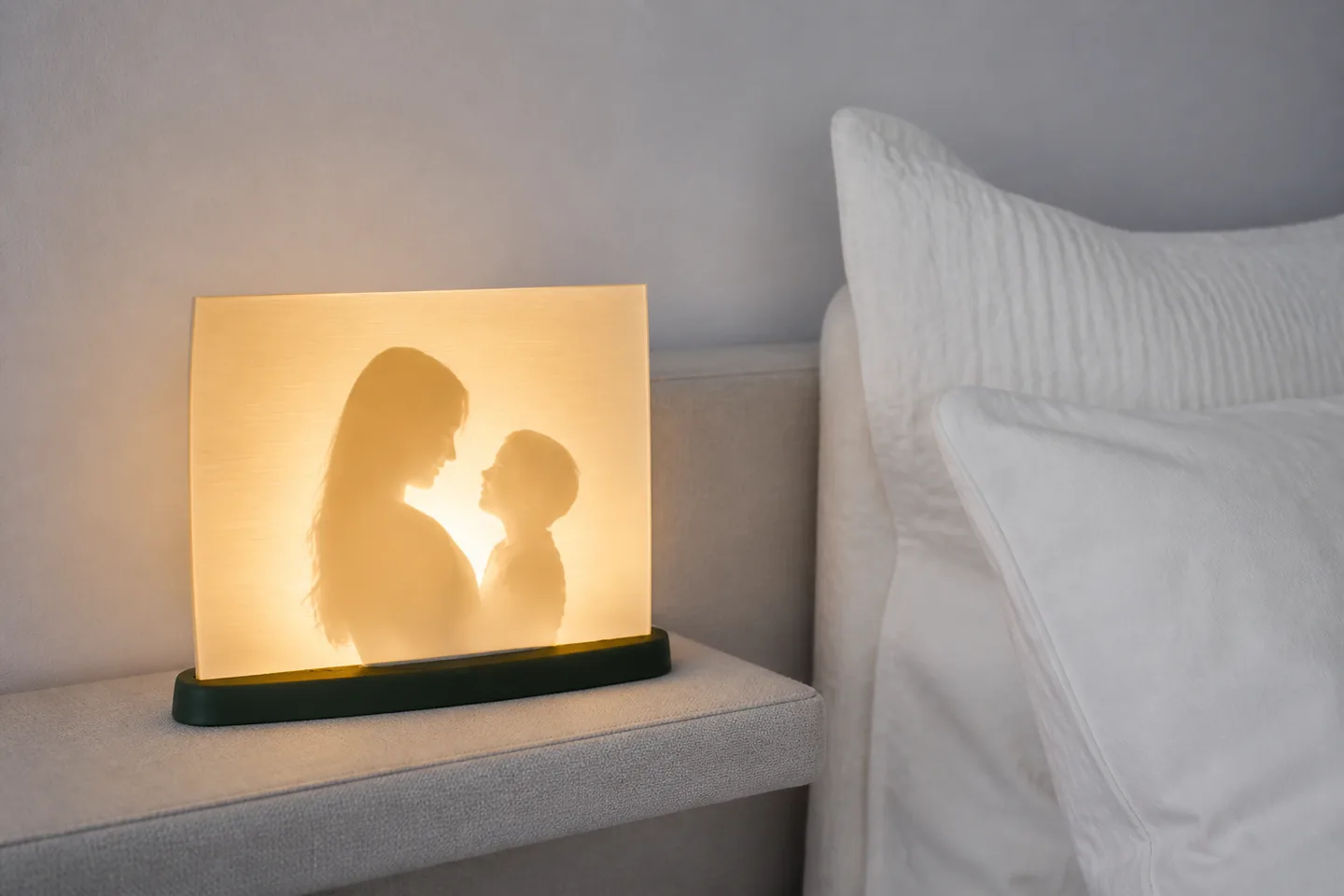 Lithophane-Lampe als warmes Licht auf einem Nachttisch