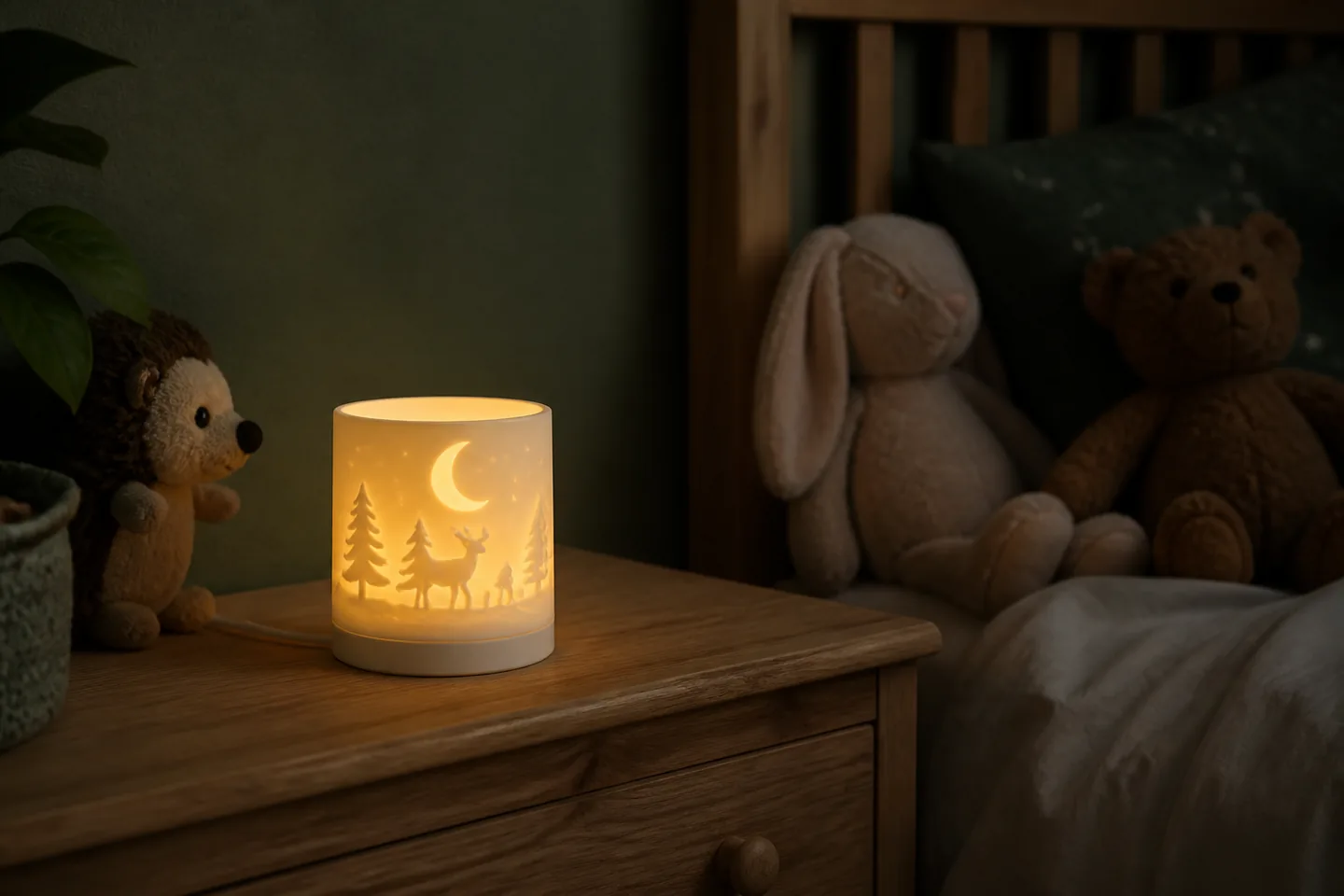 Warm leuchtendes Nachtlicht auf einem Nachttisch im Kinderzimmer