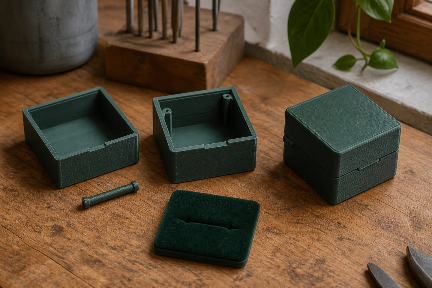 Ringbox mit separatem Deckel, Unterteil, Scharnier und Einsatz