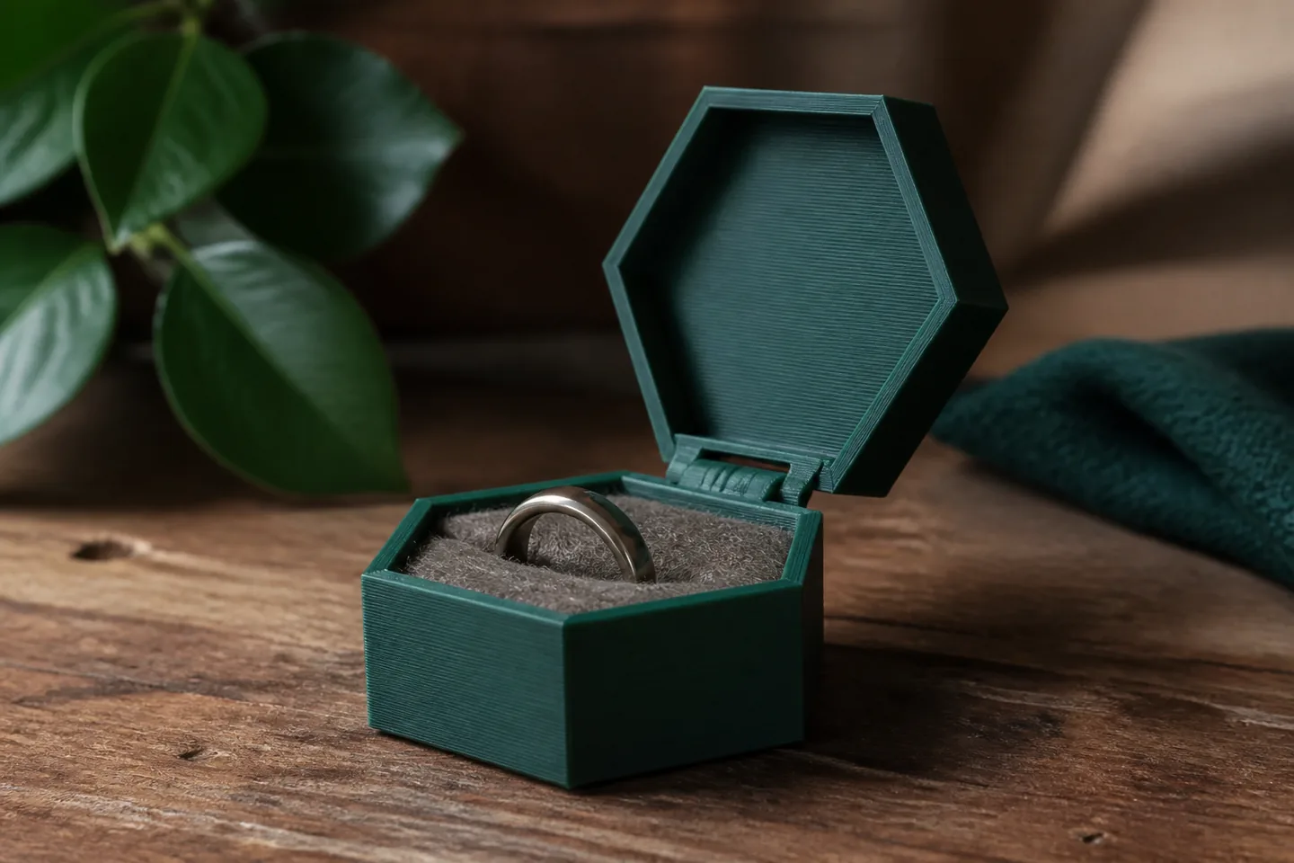 Detail von Scharnier, Filzeinsatz und Schichtlinien einer Ringbox
