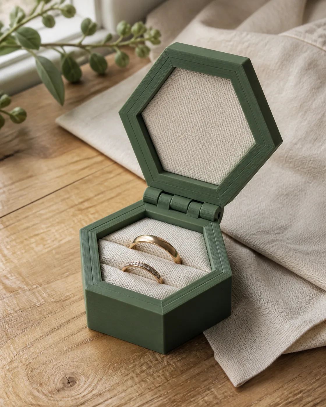 Geöffnete 3D-gedruckte Ringbox aus dunkelgrünem Filament