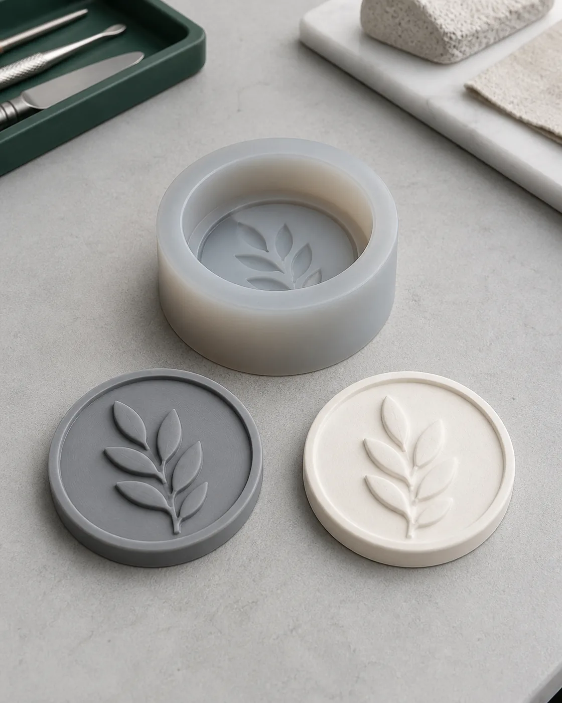 Gereinigtes Resin-Mastermodell, matte Silikonform und passendes Gussobjekt