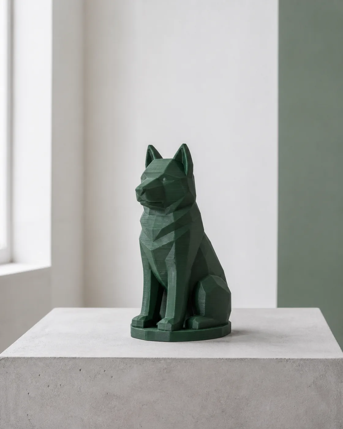 Individuelle 3D-gedruckte Hundefigur auf einem grünen Sockel