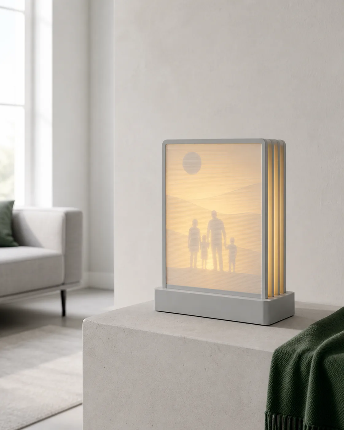 Leuchtende personalisierte Lithophane-Lampe in einer kleinen Werkstatt