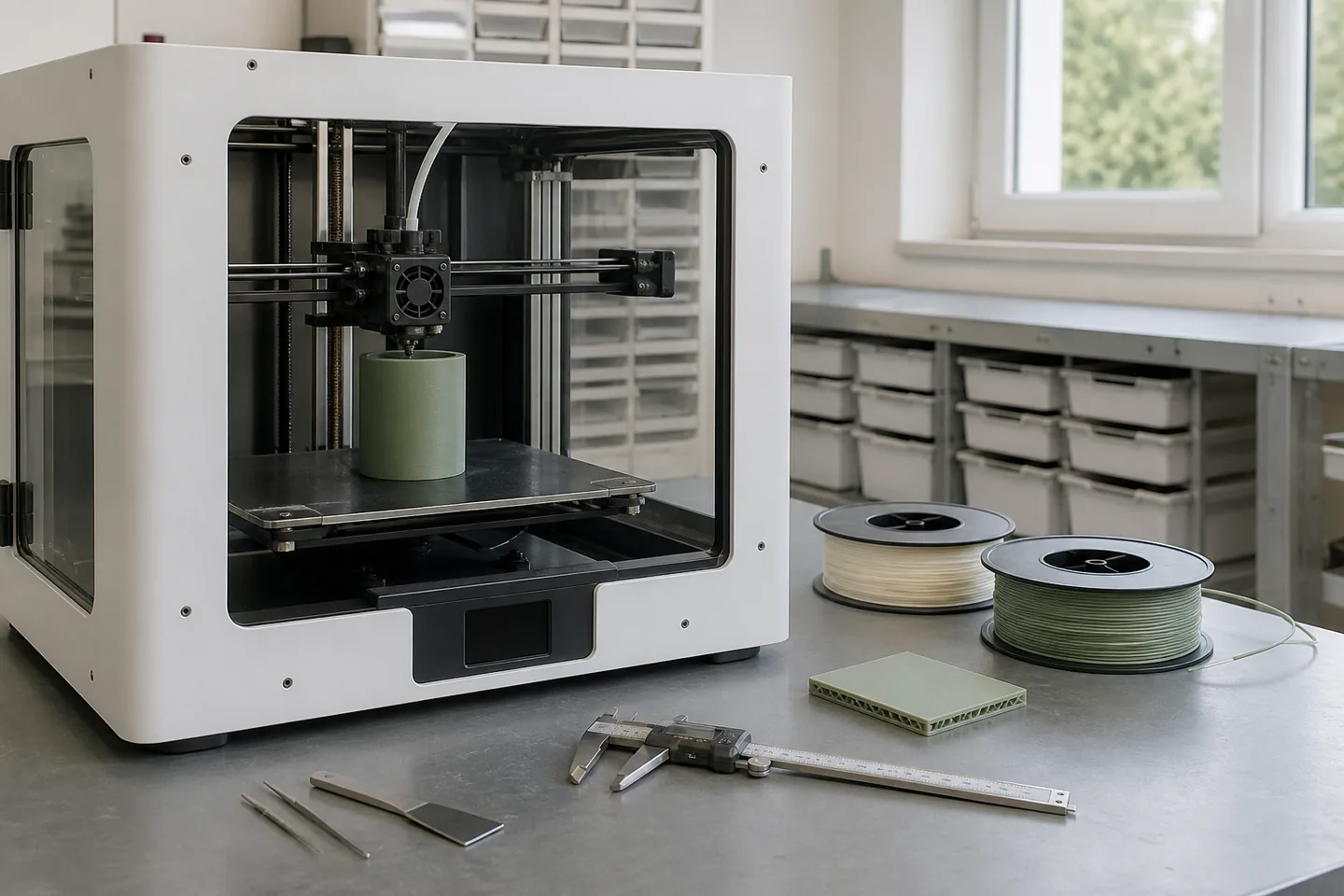 Kleine 3D-Druckwerkstatt mit Materialien und handwerklichem Arbeitsplatz
