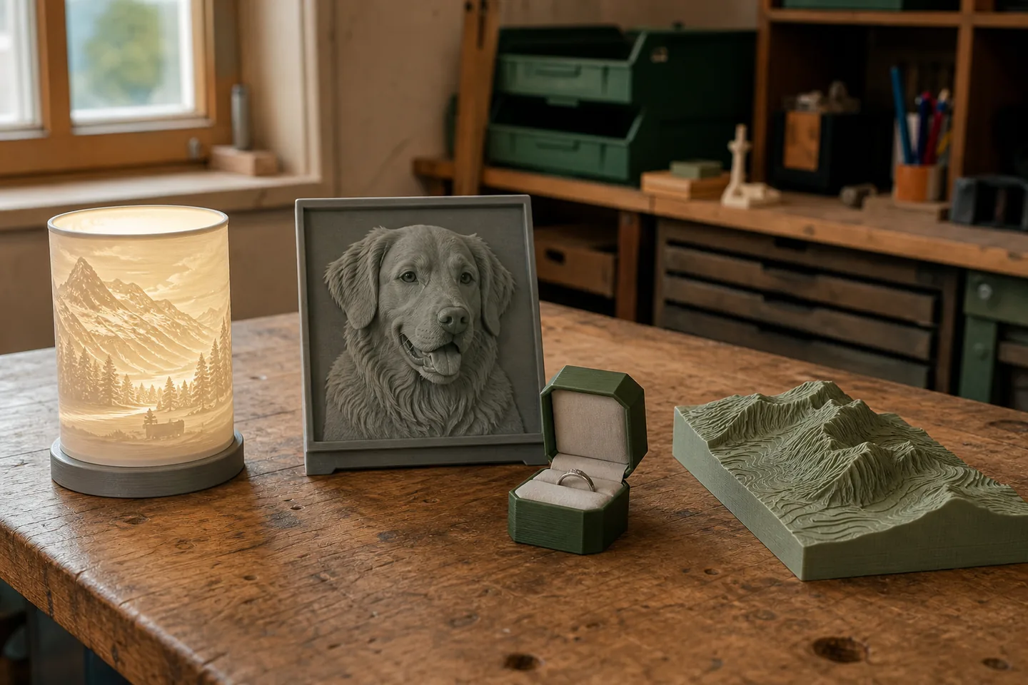 Auswahl handgefertigter 3D-gedruckter Geschenkideen auf einem Holztisch