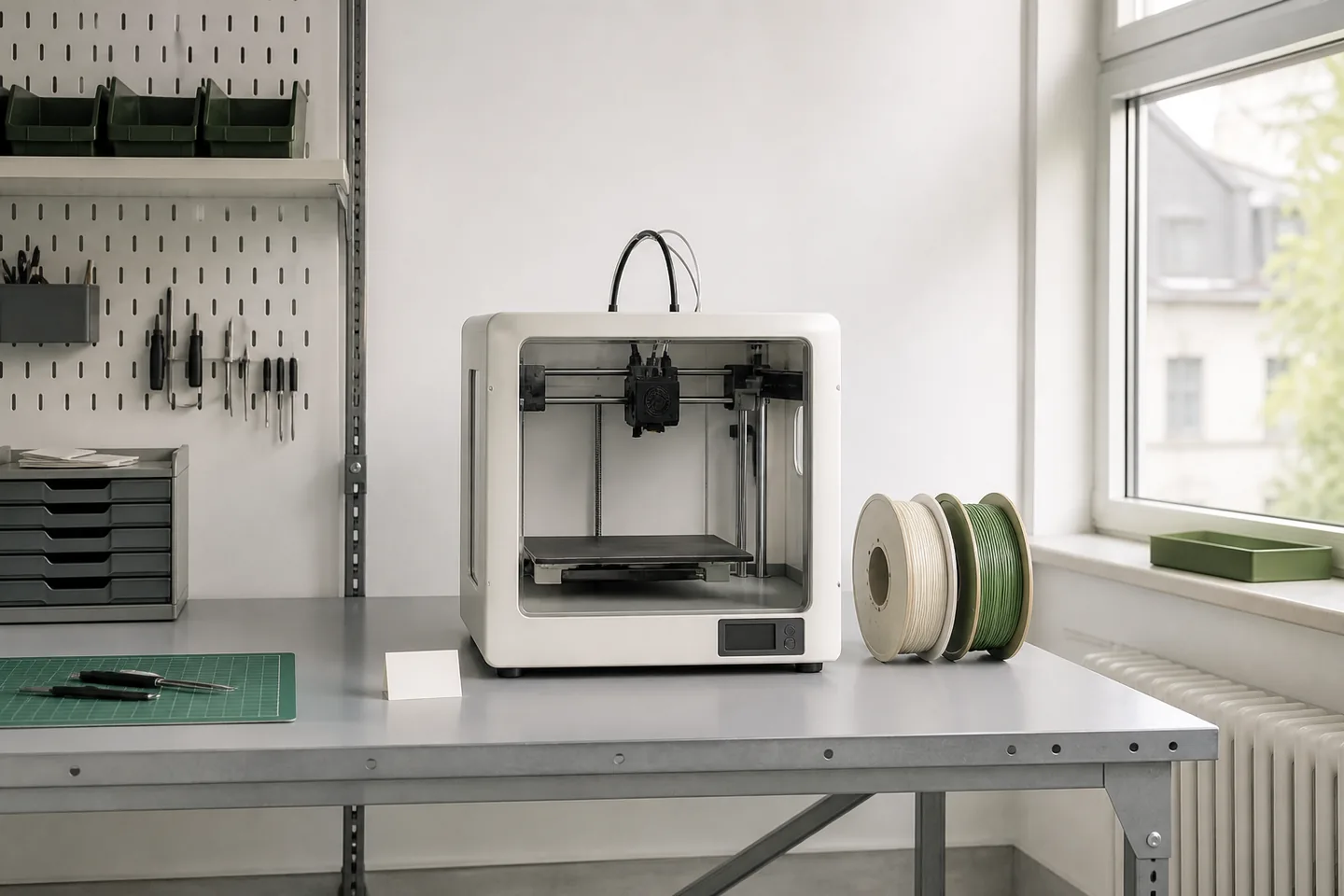 Arbeitsplatz mit 3D-Drucker in einer kleinen europäischen Werkstatt