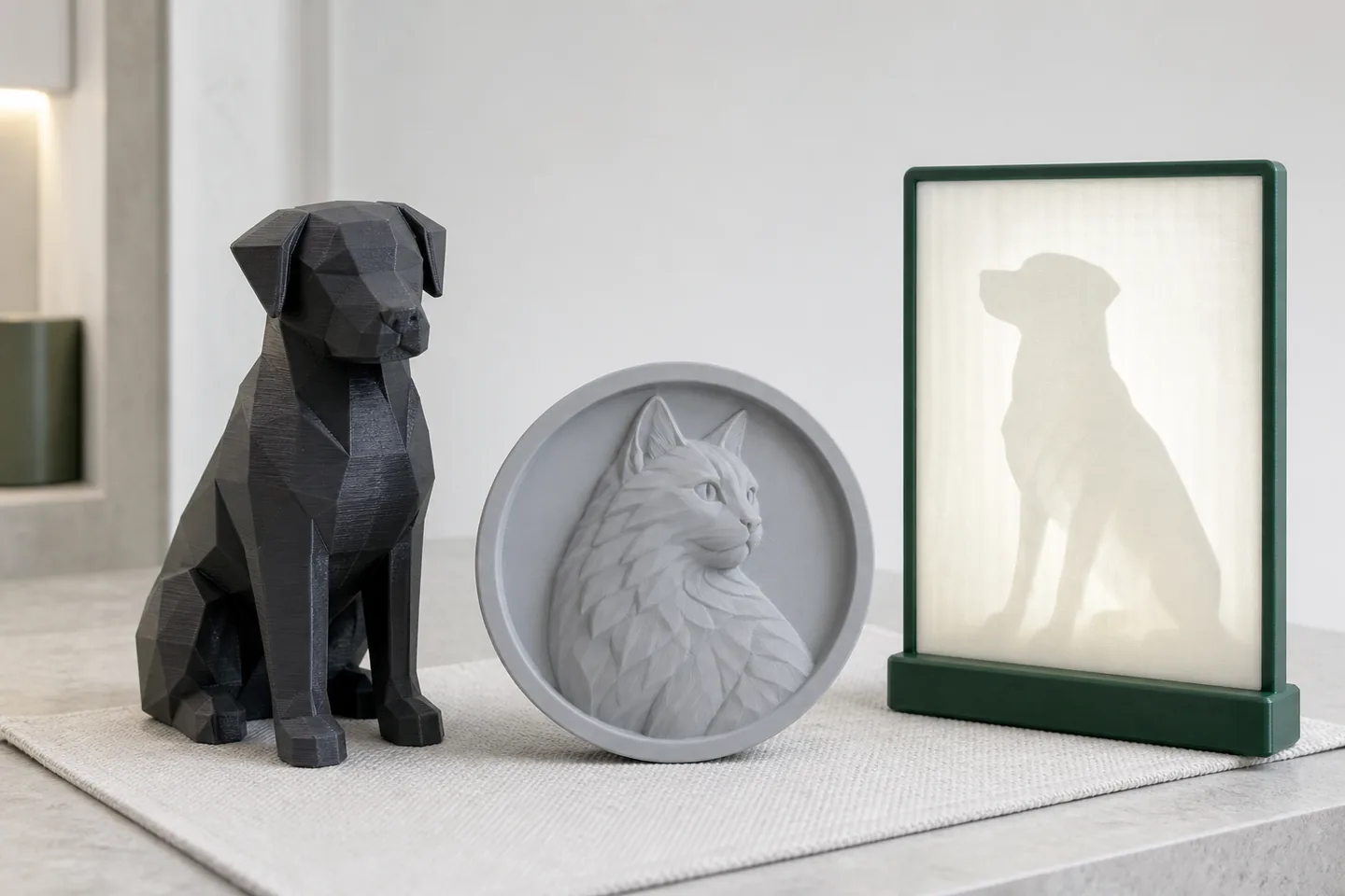 3D-gedruckte Tierfigur, Tierrelief und Erinnerungslampe