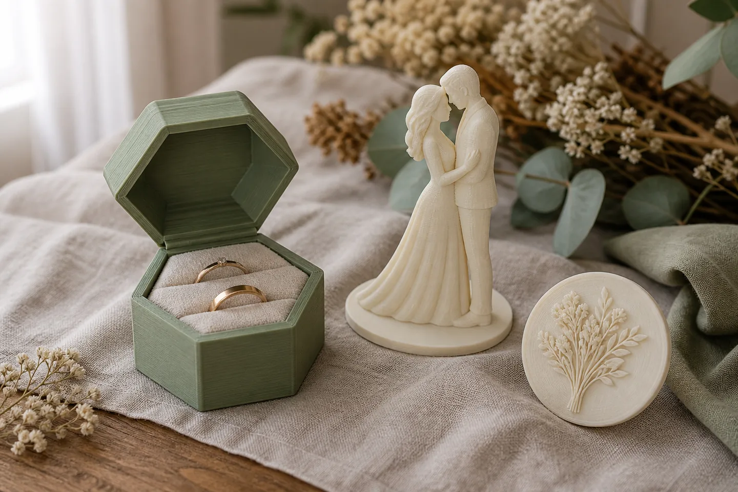 3D-gedruckte Ringbox und Hochzeitsfigur in natürlicher Umgebung